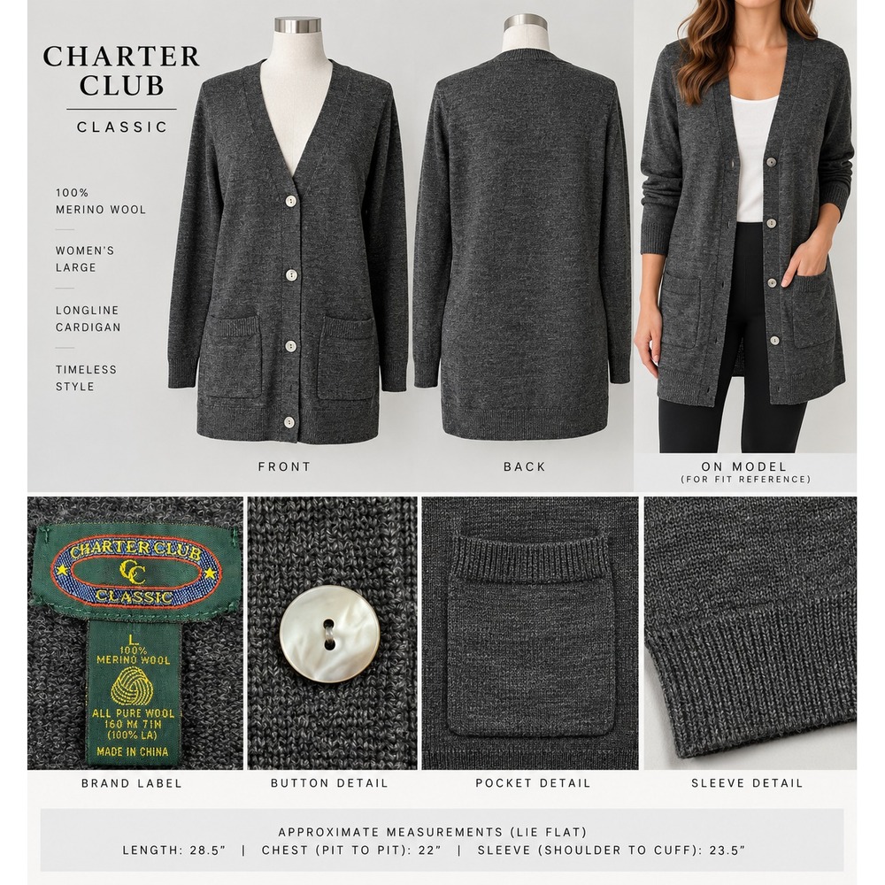 Charter Club Classic 100% Merino Wool Cardigan Sweater Large Gray V Neck Pocket